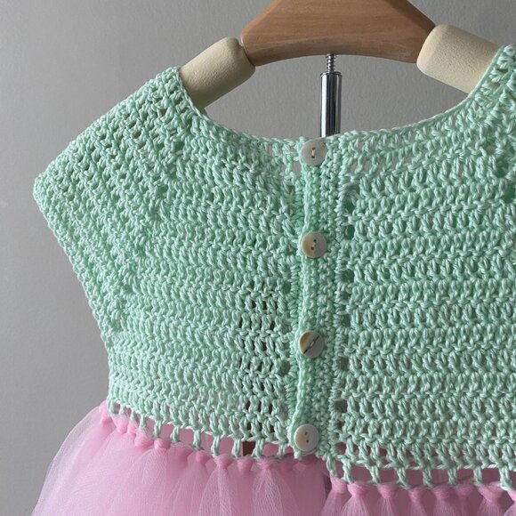 Handmade Children's Cotton Crochet Light Mint Green Pink Tulle Tutu Dress - Picture 14 of 14
